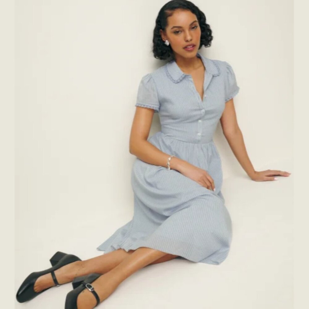 Reformation Ula Dress in Bueno Stripe Blue Midi Short Sleeves Collar